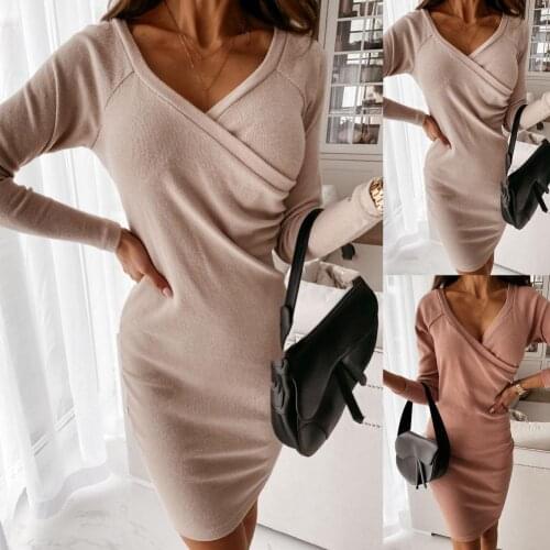 Sexy Women Solid Color Deep V Neck Long Sleeve Knitted Bodycon Knee-length Dress Long Sleeve Knitted Bodycon Knee-length Dress