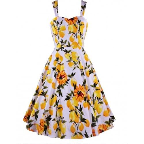 White Lemon Printed Spaghetti Vintage Dress SD0036 50s Sexy Sling Hepburn Swing Party Dress Femme Falads