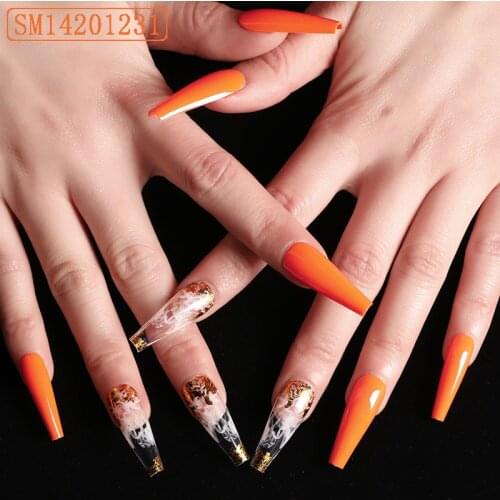 24pcs Long Coffin Press On Nail Tips Removable Ballet False Nails Pink Orange Artistic Smoke Pattern Woman Finger Manicure Tool