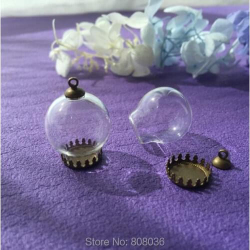 5sets/lot 20*12mm glass globe antique bronze crown base cap glass vial pendant hollow glass bottle dome necklace pendant charm