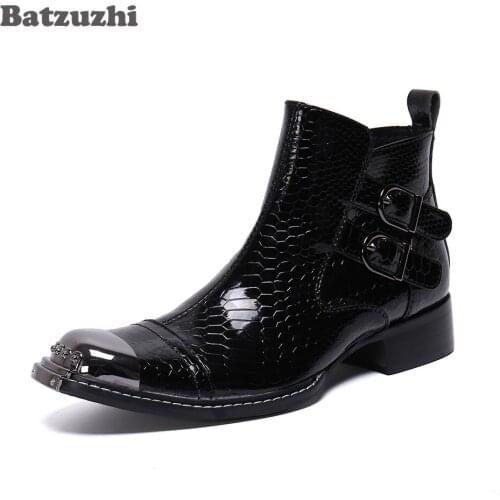 Batzuzhi Business Leather Boots Bota Masculina Fashion Men Boots Luxury Black Leather Ankle Boots Square Toe Metal Tip, Size 46