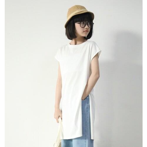 Kids Split Short-sleeved Top For Children Long loose T-shirt Girl 2021 New Summer Cotton Bottoming Shirt Girl Vacation T-shirt