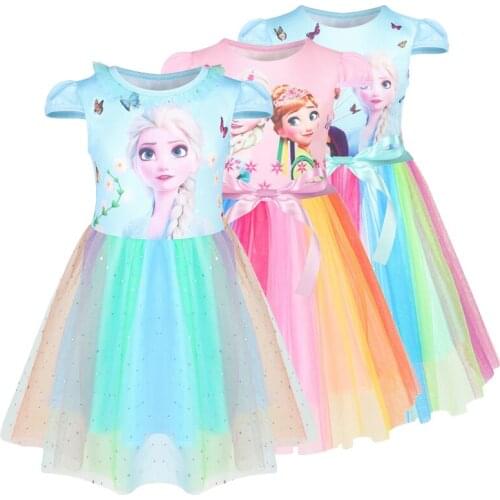 Kids Summer Dress Cartoon Elsa Anna Girls Dress Princess Flower Girl Dresses Children Costume Christmas Ball Gown Sparkle Dress