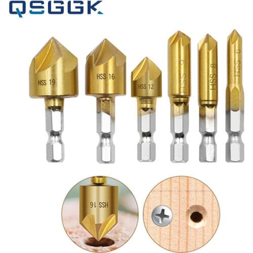6mm-19mm HSS Woodworking Chamfer Drill Bit Tools Hex Shank Titanium Plating End Mill 5-blade Chamfer Suit