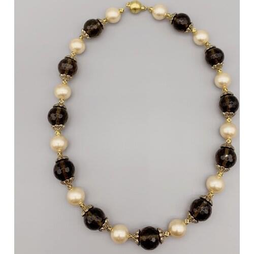 FoLisaUnique Shell Pearls 14mm Smokey Quartz Necklace For Women 12mm Champagne Gold Mother Of Pearls Trendy Jewelry Gift