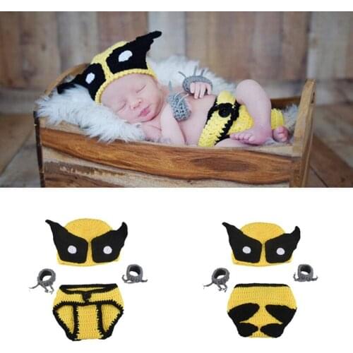 Newborn Crochet Wolverine Hat Claws Diaper Set 2Pcs Baby Photo Props Accessories Infant Handmade Clothes Studio Photography Prop