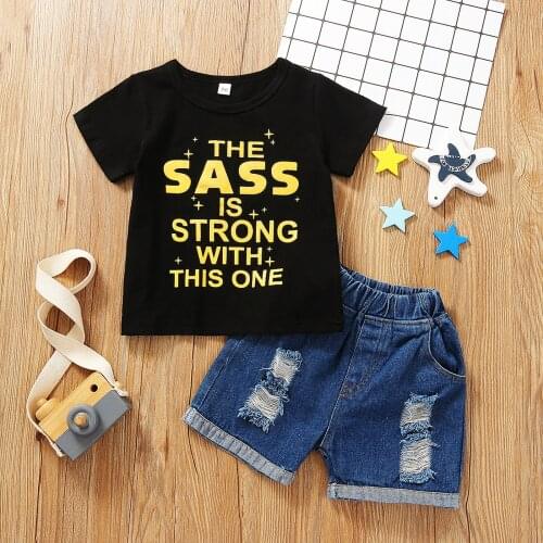 Baby Girls Clothes Set Letter Print Short Sleeve O-neck T-shirt + Solid Color Ripped Short Jeans