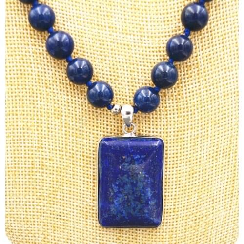 Beautiful 10MM blue Lapis Lazuli Beads & Cube Pendant Necklace 18 "