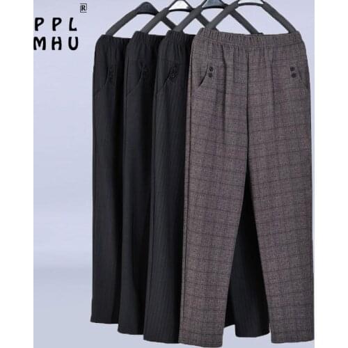 Fashion Elastic High Waist Plaid Moms Straight Leg Pants Plus Size Spring Trousers Women Office Lady Loose Breathable Pants