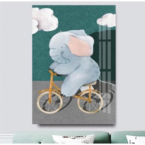 Cartoon Animal Canvas Painting Nursery Art Print Elephant Ride The Bike Painting Poster Nordic Wall Pictures Girls Bedroom Decor
