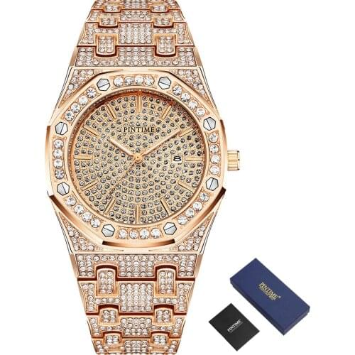 PINTIME Watch Men Luxury Brand Diamond Mens Watches Top Brand Luxury Iced Out Male Quartz Watch Calendar Hip Hop Watch for Men
