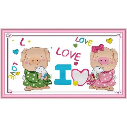 Pig in love cross stitch kit cartoon 14ct 11ct count print canvas stitching embroidery DIY handmade needlework