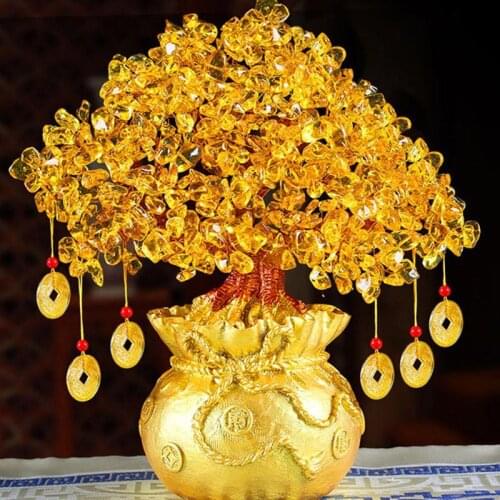 19cm Natural Crystal Lucky Tree Money Tree Ornaments Bonsai Wealth Luck Feng Shui Ornaments Home Decor(with Gold Coins and Base)