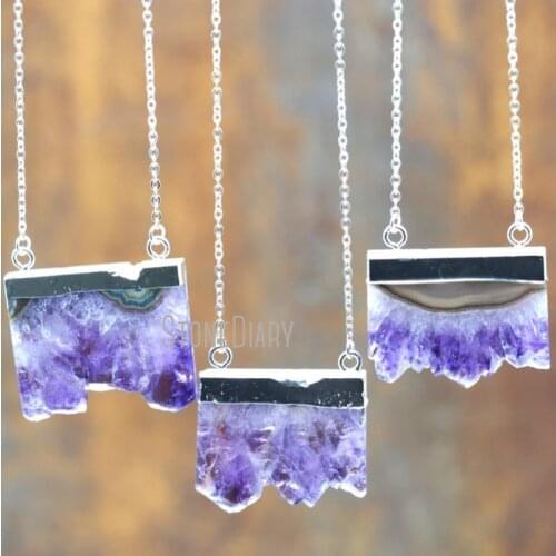 H-QN57 Amethysts Druzy Slice Pendant Chains Necklace Two Loops Pendant Necklace for Ladies
