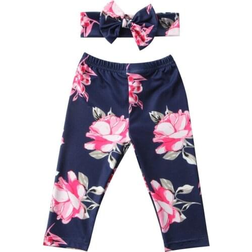 New 2Pcs Kids Baby Girls Floral Long Pant Bottoms Leggings Headband Baby Clothing