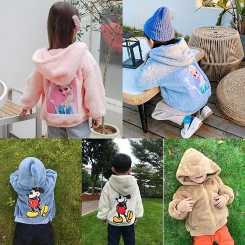 New Disney Boys Girls Jacket Frozen Anna Elsa Mickey Child Coat Double-Sided Lamb Velvet Padded Kids Clothes Winter Autumn Dress