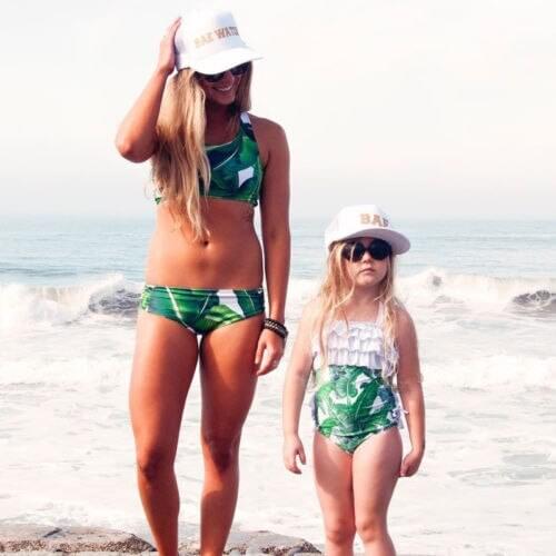 New Fashion Sleeveless Lovely Womens Mum Baby Kids Girls Palm Leaves Swimwear Swimsuit Bikini Set Beach style
