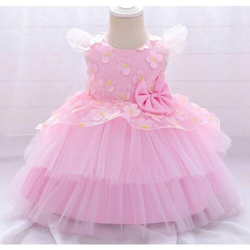 New Infant Baby Girl Dress Petals Tulle Baptism Dresses for Girls 1 Year Birthday Beading Party Wedding Baby Clothing