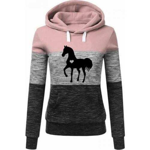 New Fashion Hoodies for Women Horse Love Print Splice Sweatshirt Autumn Cotton Casual Sportwear Tops