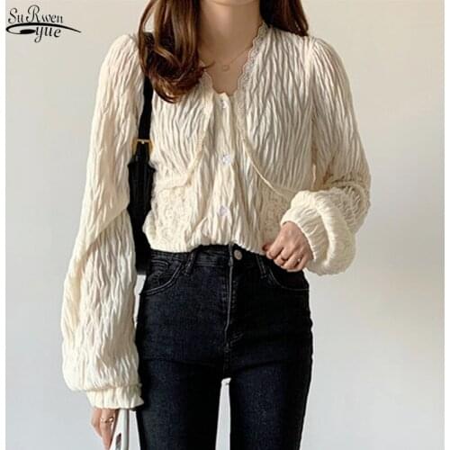 Solid Color Blouse Women V-neck Sweet Lace Stitching Chic Pleated Tops Elegant Button Up Long Sleeve Ladies Shirt Blusas 12641