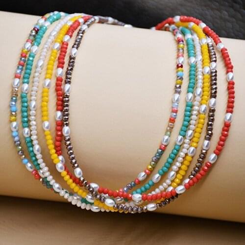 Simple Simulated Pearl Seed Bead Strand Necklace Women Trendy Beach Colorful Handmade Short Choker Jewelry Beach Gift