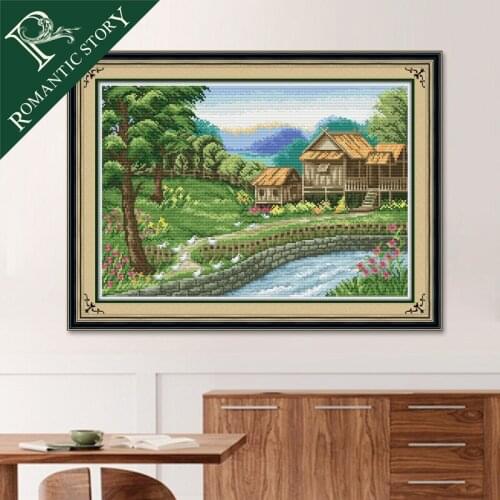 Romantic Story Wooden House Creek Scenery Home Decoration Cross Stitch Handmade Needlework DMC Cross-Stitch For Embroidery Kits