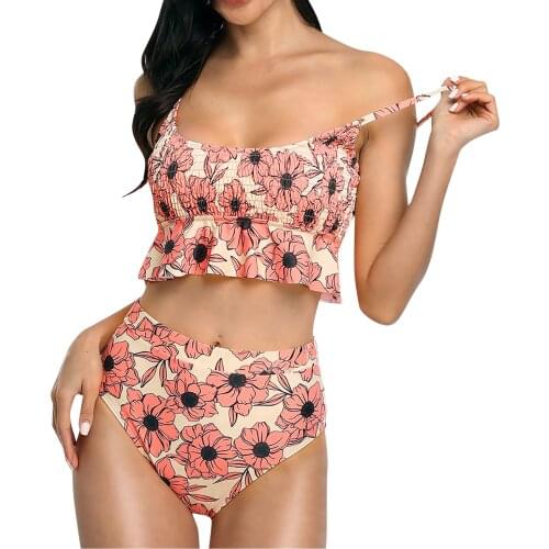 Sexy Swimsuit Ruffle High Waist Printing Split Sleeveless Square Collar Summer Swimwear Trendy Casual Bikinis Mujer Braga Alta