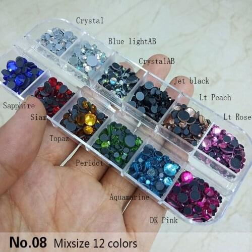 New Sale 12 Grid box Hotfix Rhinestone Mix Packing for 3D Crystal Nail DIY Decorations