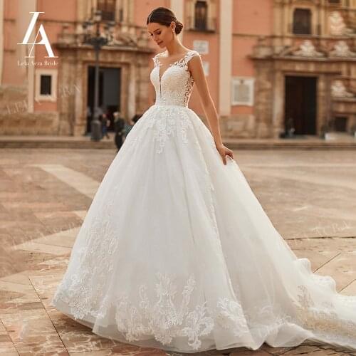 Wedding Dress V-neck Beaded A-Line Appliques Lace Backless Bridal Gown 2021 Princess Court Train LelaAcra NO07 Vestido De Novia