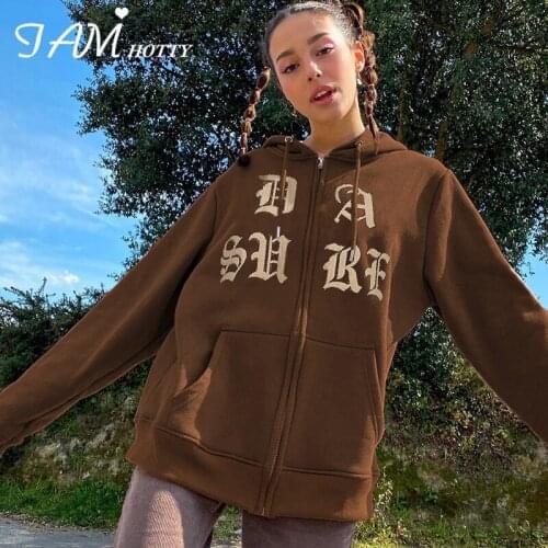 Vintage Print Zip Up Oversized Hoodie Harajuku Cute Hooded Sweatshirts Korean Fashion Grunge Clothes Autumn Jacket Iamhotty