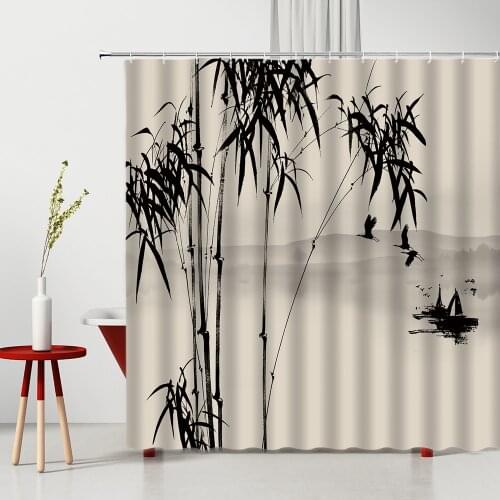 Water Ink Bamboo Shower Curtain Chinese Style Mountain Water Bird Washable Fabric Bathtub Decor With Hooks Bathroom Curtains