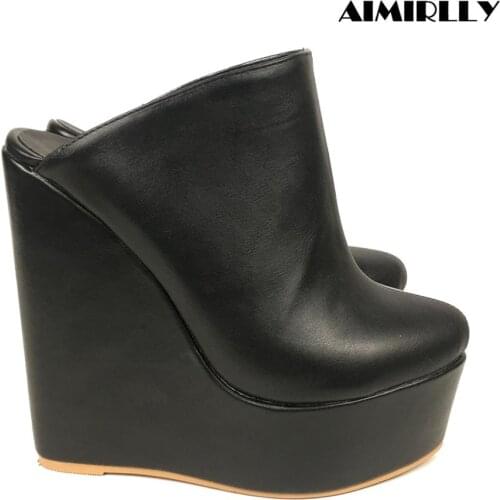 Womens Wedge Sandals Round Toe High Heels Platform Mules Slip On Ladies Casual Shoes Matte Black Spring Summer