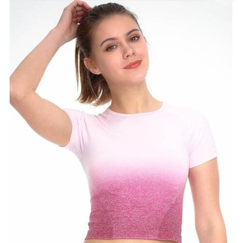 Fitness Female Gym T Shirts 2019 Short Tights Women Gradient T Shirt Quick Dry Soft Elasticity Girls Crop Top S/M/L