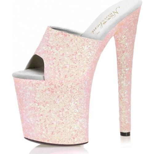 20CM Pink New Glitter Nightclub Sexy Fetish Pole Dance Shoes Party High Models Platform Slippers Women Stripper Heels Open Toe