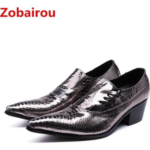 Zobairou mens shoes high heels pointed toe dress shoes slipon glitter luxury loafers genuine leather wedding sapatos masculinos
