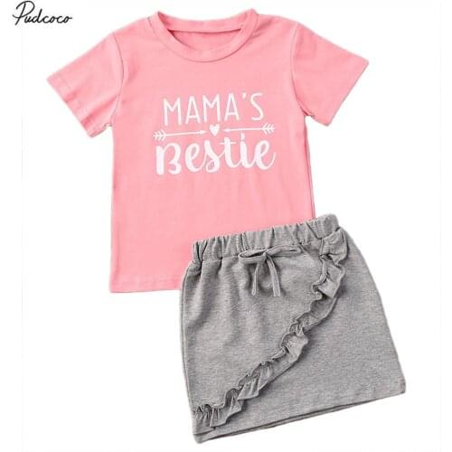 2020 Baby Summer Clothing 1-6T Toddler Baby Girls Sets Lovely Letter Print Pink Short Sleeve T Shirts Tops Grey Mini Skirts