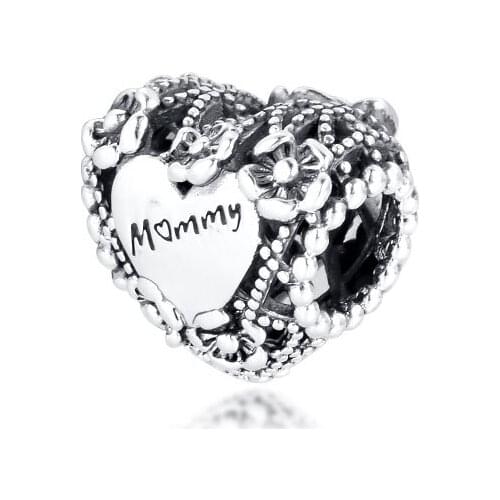 Openwork Flower Heart Mummy Charm Silver 925 Original Beads for Charms Bracelets Mother for Jewellry Making