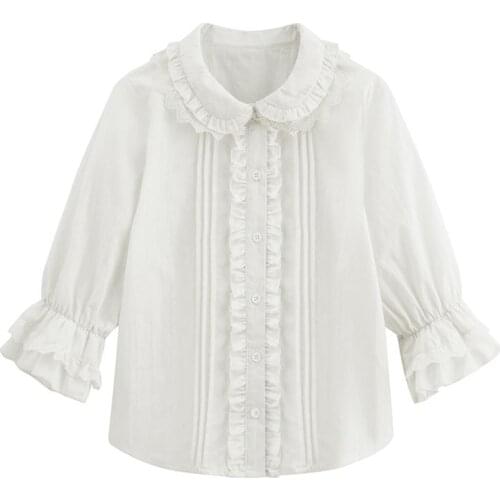 Lolita White Shirts Women Girls Jk Cosplay Sweet Lace Cuff Elegant Blouse for Ladies Vintage Peter Pan Ruffle Flare Sleeves Tops