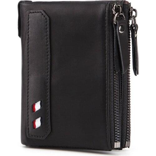 Retro style RFID Anti-magnetic men wallet top layer cowhide short double zipper high capacity wallets genuine leather purse