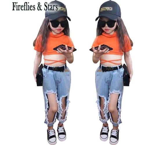 Summer girls jeans baby denim pants kids bottoms children trousers fashion streetwear knee ripped hole 2 to 7 yrs