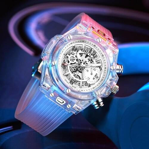 Mechanical Style Sports Watches Clear Shell Chronograph Dial Quartz Watch with Silicone Strap & Auto Date for Men Women d88