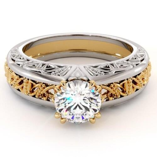 Milangirl Two-tone Engraved Pattern Hollow Geometric Inlaid White Crystal Rhinestone Zircon Female Ring for Women Jewelry