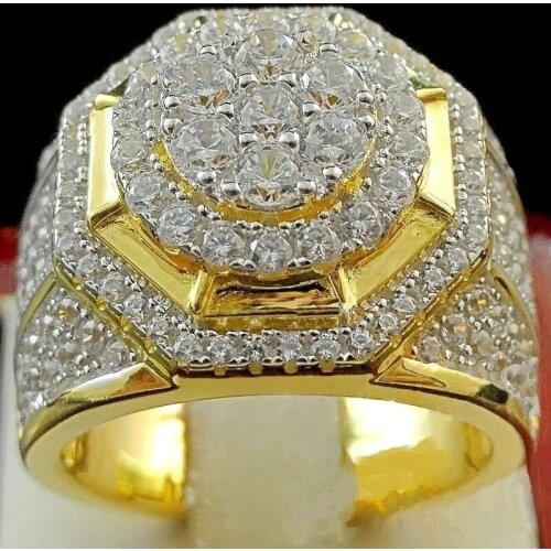 Fashion Luxury Golden Polygon Full Crystal Business Mens Ring Party Engagement Jewelry Hand Accessories