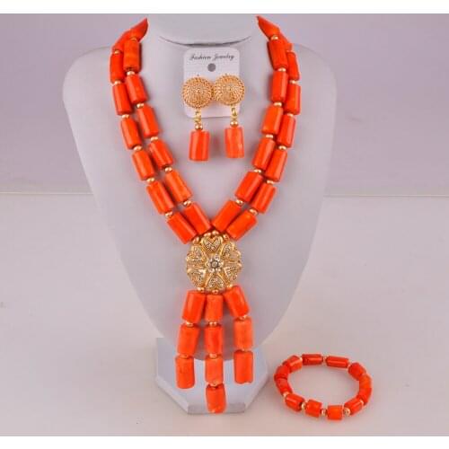 Fashionable orange nigerian coral beads jewelry set african necklace wedding bridal jewelry sets C21-32-04