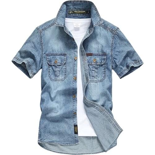 ABOORUN 2021Mens Casual Denim Shirts Summer Short Sleeve Cotton Shirts for Male