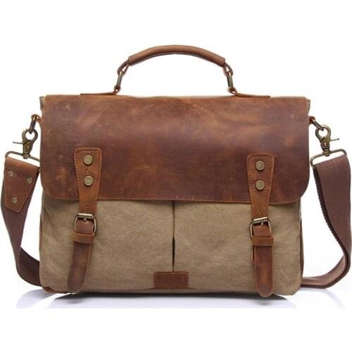American Retro Mens Portable Briefcase Canvas Laptop Bag Messenger Bag with Crazy Horse Leather