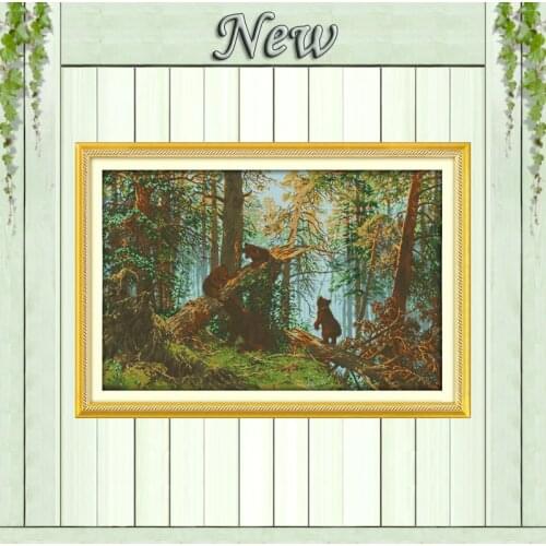 Bears in The pine forest morning Scenery,Counted Printed on canvas DMC 11CT 14CT Cross Stitch kit,needlework Sets DIY embroidery