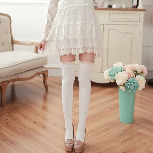 New Kawaii Solid Color Women Knitted Cotton Over Knee Stockings Female Spring Autumn Sexy Sweet Casual Cosplay Lace Long Hosiery