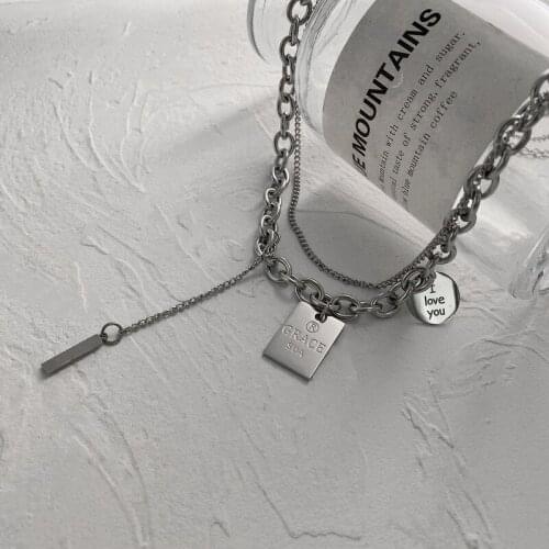 Origin Summer Punk Stainless Steel Double Layer Square Circle Pendant Necklace for Women Letter Chain Asymmetry Necklace Jewelry