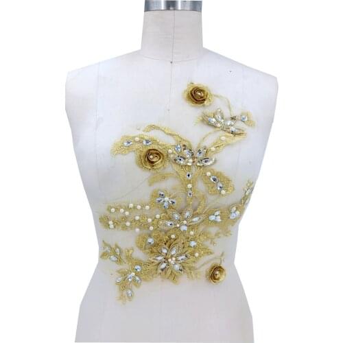 Handmade white Hot drilling Rhinestone pearl lace embroidery patch applique wedding dress bordados DIY Performance clothing